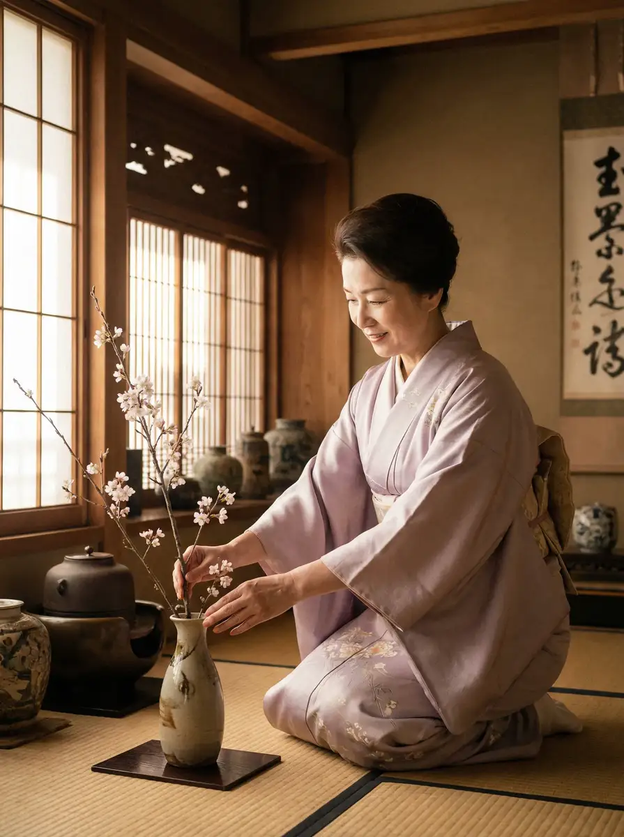 一位优雅的 AOA体育官网 在和室中插花